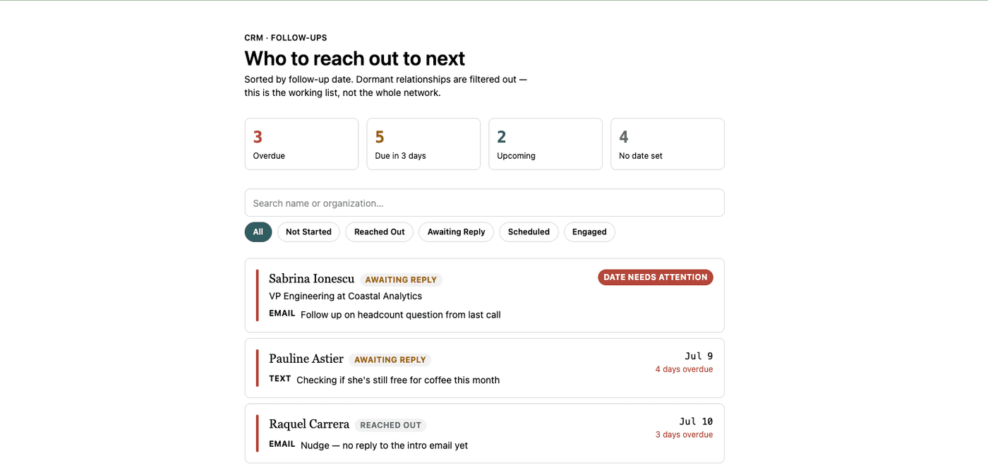 The CRM's first working UI after importing contacts, with an invalid outreach date flagged